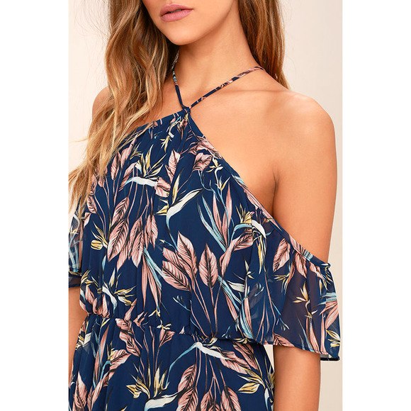 Lulus Maxi Dress Small Blue Tropical Floral Off Shoulder Halter Trip to Paradise - Picture 5 of 12